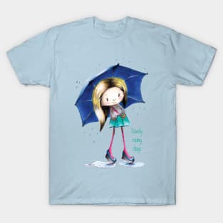 Cute girl in the rain with an umbrella T-Shirt